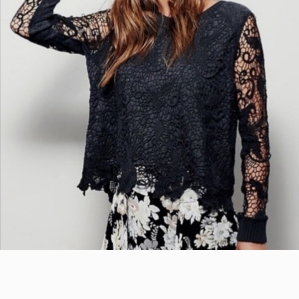 Free People “Pretty Rad” Sweater Gray Lace Crochet Split Back - Picture 2 of 8